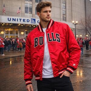 Vintage 80s STARTER Satin Bomber Jacket NBA Red Black XL USA -Chicago Bulls